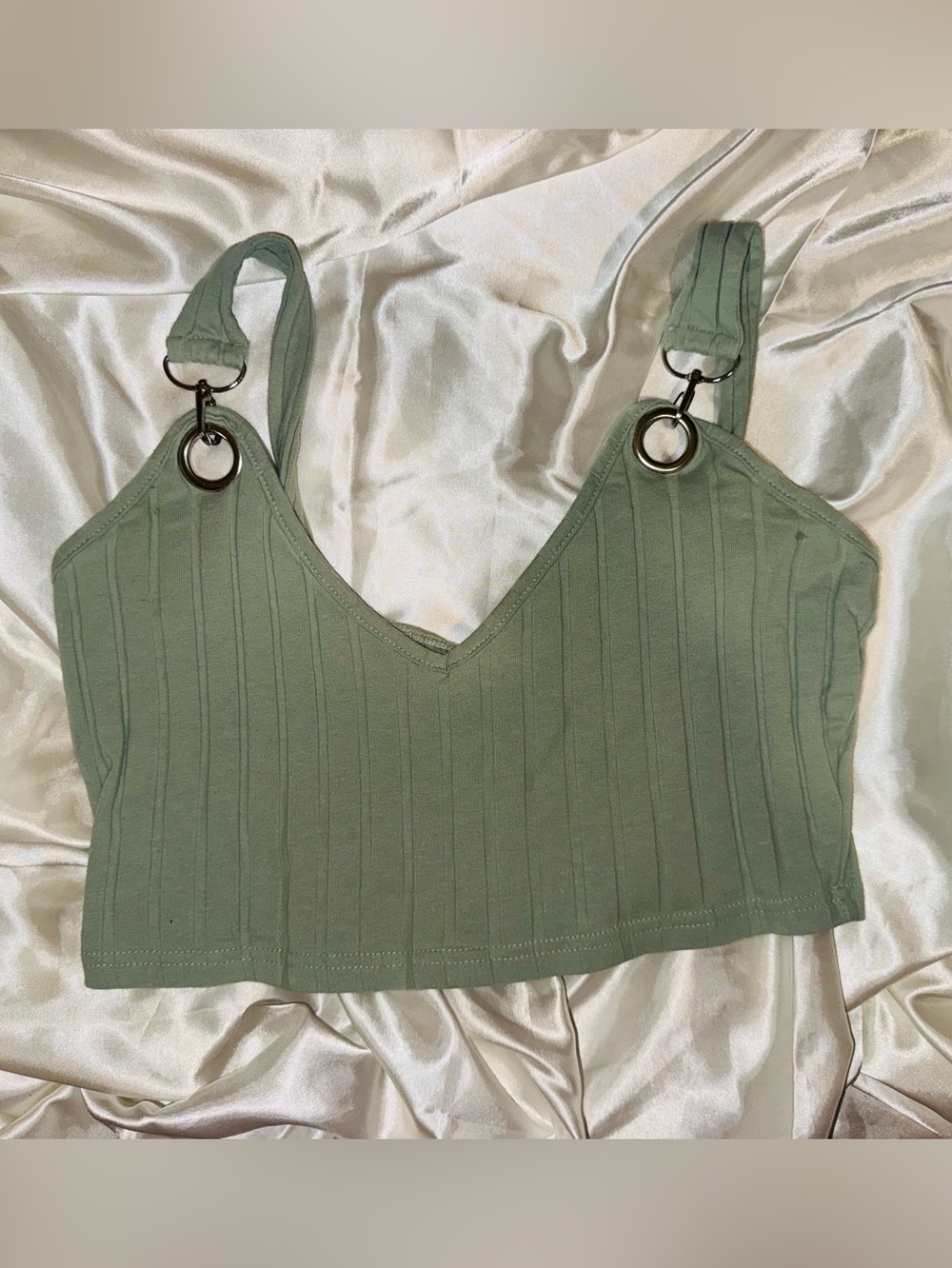 👑 Size 6 Sexy & Cute SHEIN Sage Green Ribbed V-Neck Crop Top with Ring Straps